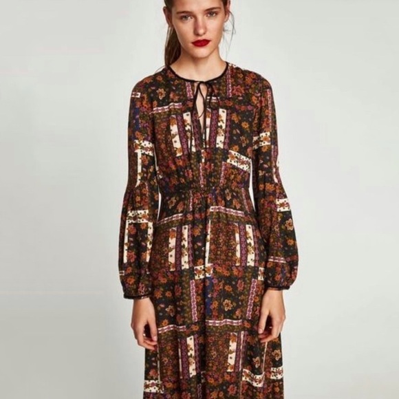 Zara Patchwork Floral Boho Peasant Midi Dress MulticolorXS - Picture 3 of 16